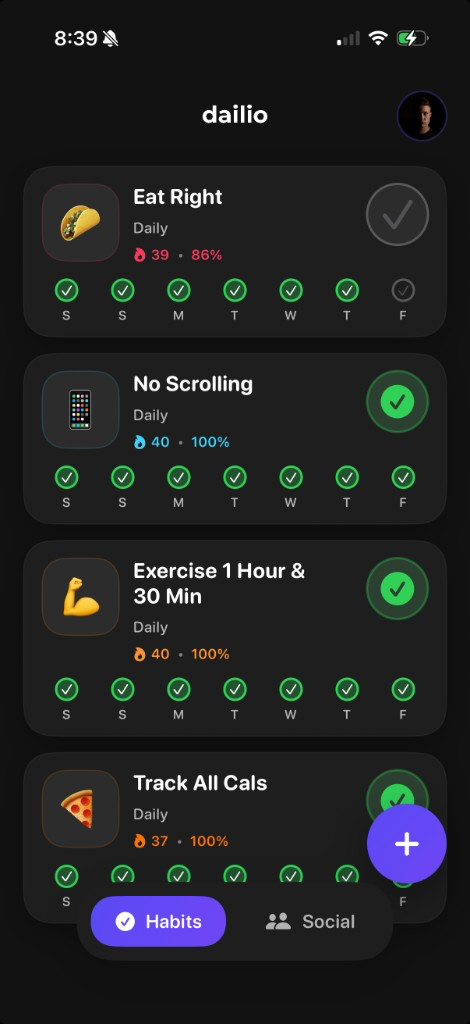 dailio Habits screen with streaks, week row, and Social tab in the bottom navigation